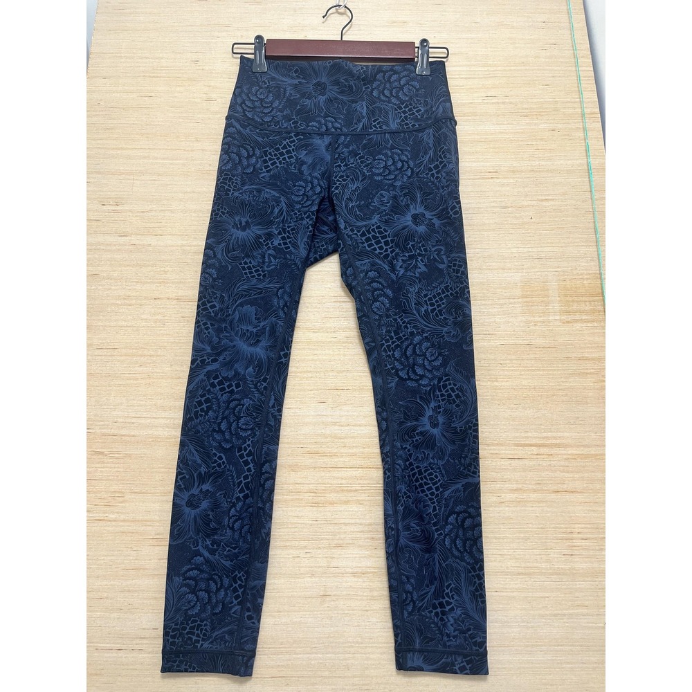 Lululemon Leggings Womens 9 Black Navy High Rise Full Length Floral Print Yoga